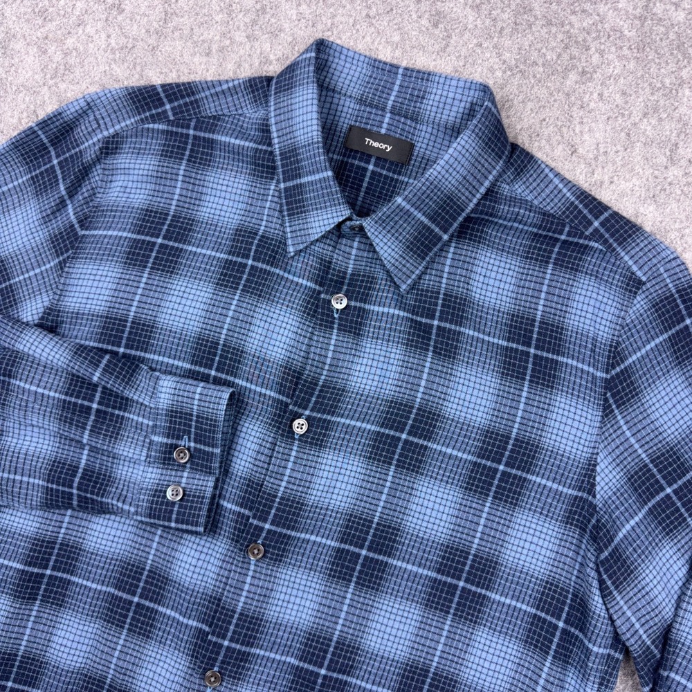 Theory Flannel Shirt Men M Blue Irving Grid Plaid Luxury Cotton Button Down Soft